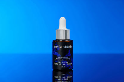 Bottle of prebiotic Restore Face Serum it is a blue label on an amber glass bottle, with a white and silver dropper. the label says Prebiotic Restore Face Serum, Superior hydration, microbiome and barrier care, for sensitive and reactive skin. It is on a blue background and has a mirror reflection .